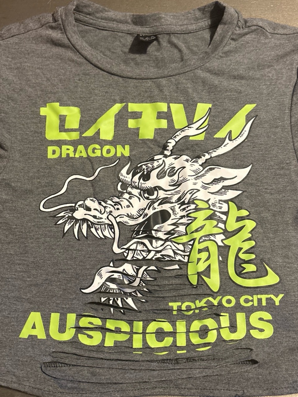 SHEIN Grey Tee with Neon Yellow-Green Dragon Graphic
